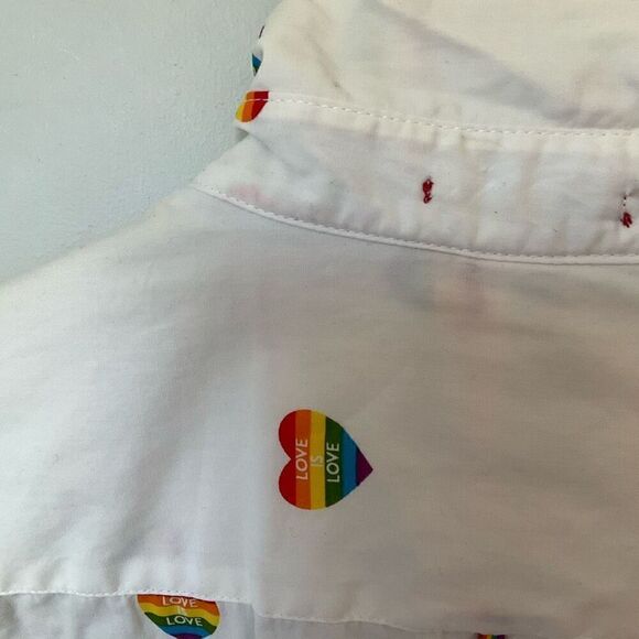 Mens Denim and Flower Rainbow Heart Button Up, Small. Slim fit. Pride! - Picture 9 of 14